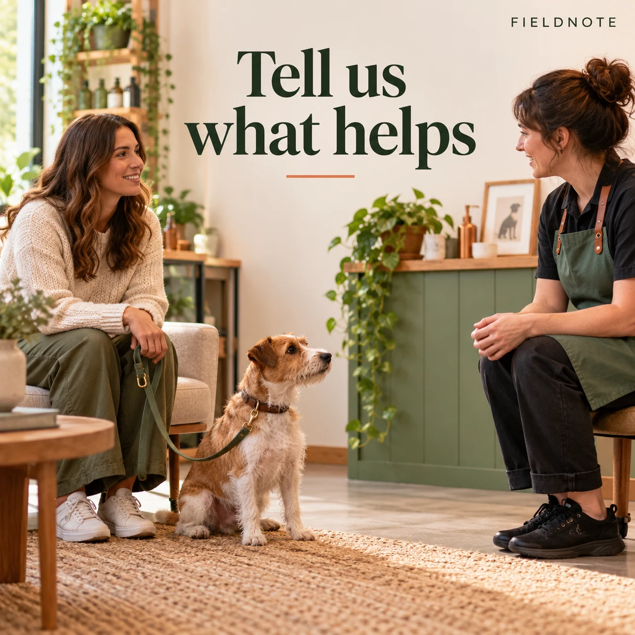 AI-generated fictional concept: adult owner holding a loose lead beside a terrier with clear personal space; adult groomer seated at a respectful distance in a bright consultation area, no reaching hands or restraint.