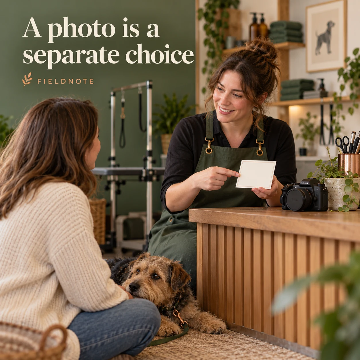 AI-generated fictional concept: adult groomer showing an adult owner a blank photo-permission card beside a closed camera; terrier resting near its owner, no readable personal data or staged customer photograph.