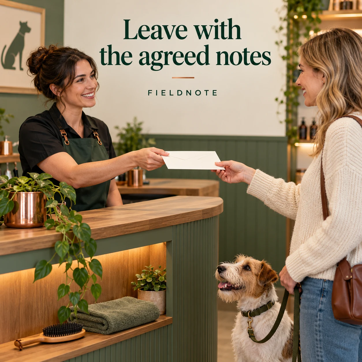 AI-generated fictional concept: adult groomer handing a plain closed pickup-note envelope to an adult owner at reception; terrier beside the owner, clean folded towel and brush on a lower shelf.
