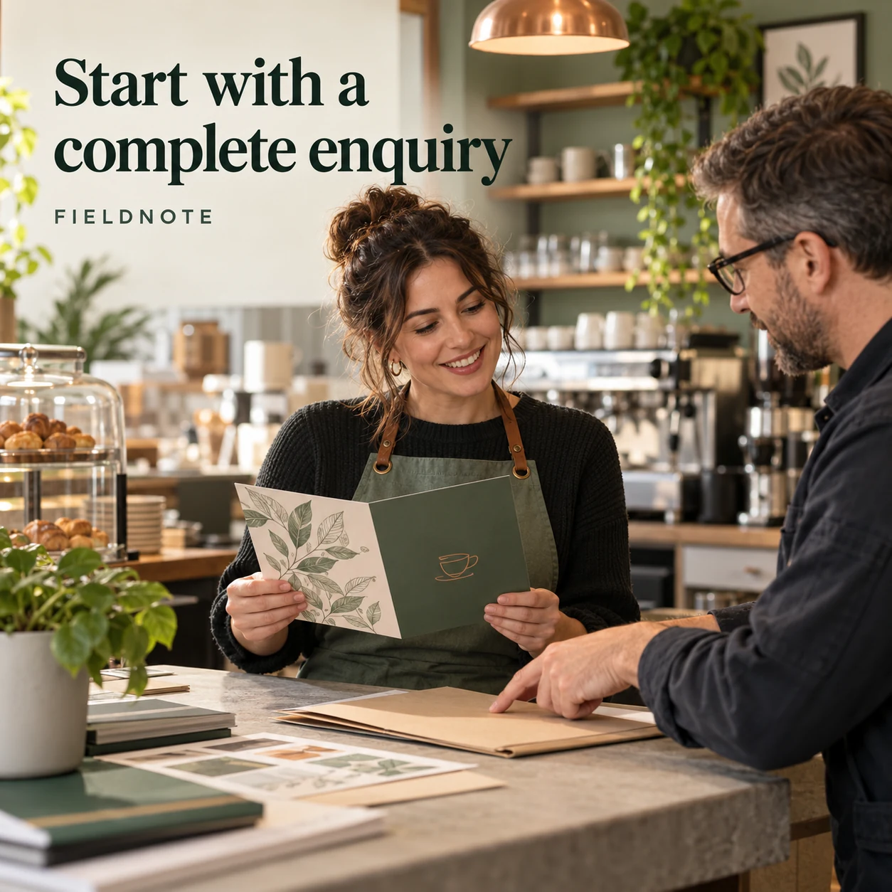 AI-generated fictional concept: adult fictional café owner at a print counter holding one original folded menu sample with two visible outer surfaces; printer points to a plain project folder, no readable prices or specifications.