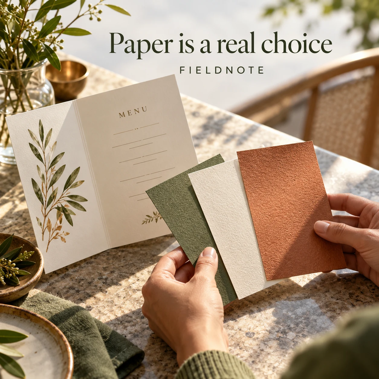 AI-generated fictional concept: three distinct unbranded paper swatches beside an original folded menu; adult hands comparing texture under daylight, no stock weights or certification marks.