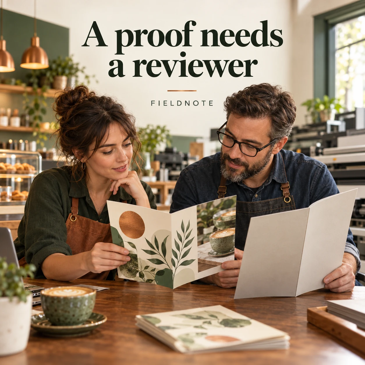 AI-generated fictional concept: adult fictional café owner and printer comparing an original folded menu proof with an unprinted job folder; clear page folds, no readable personal information or invented approval stamp.