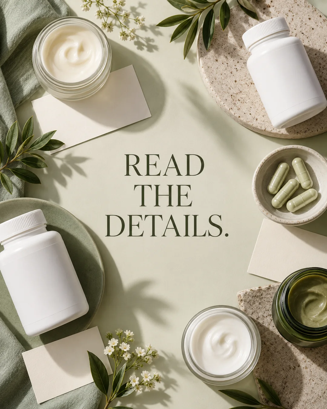 Illustrative business creative: unbranded containers and label details