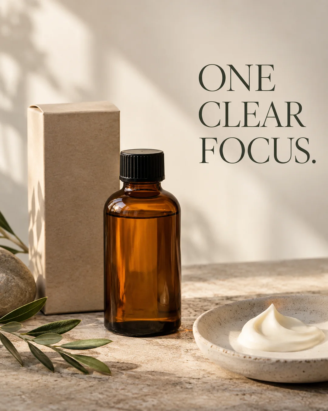 Illustrative business creative: amber bottle and simple product composition