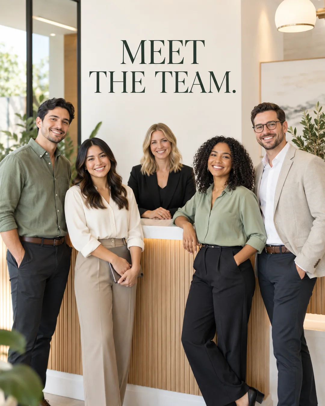 Illustrative business creative: fictional team in a bright reception