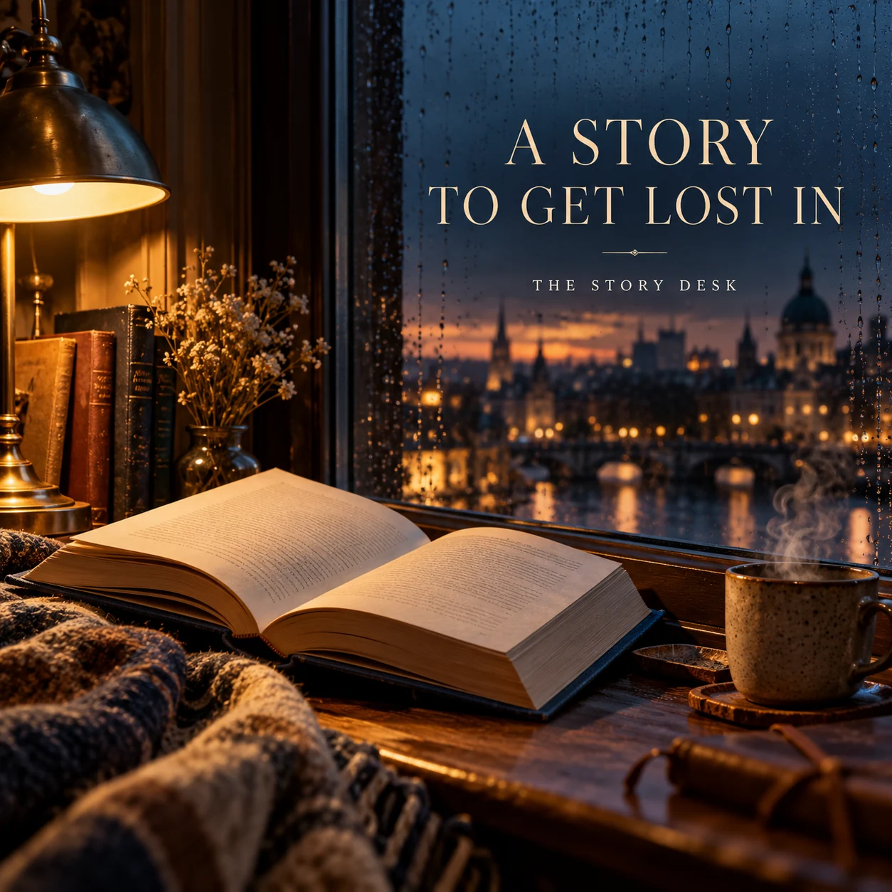 An original literary still life with an open book, lamplight and rainy window