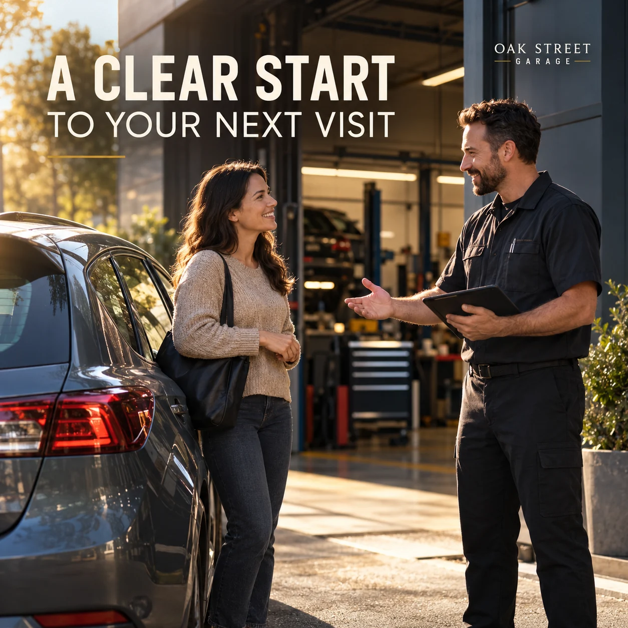 A fictional garage service advisor welcoming a customer