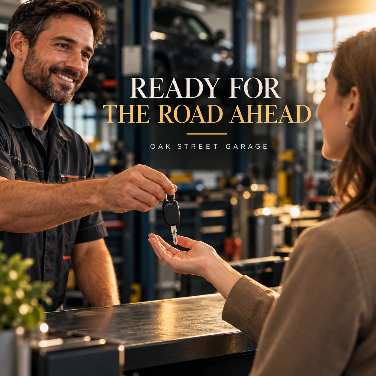 A fictional vehicle-collection handoff at a garage service counter