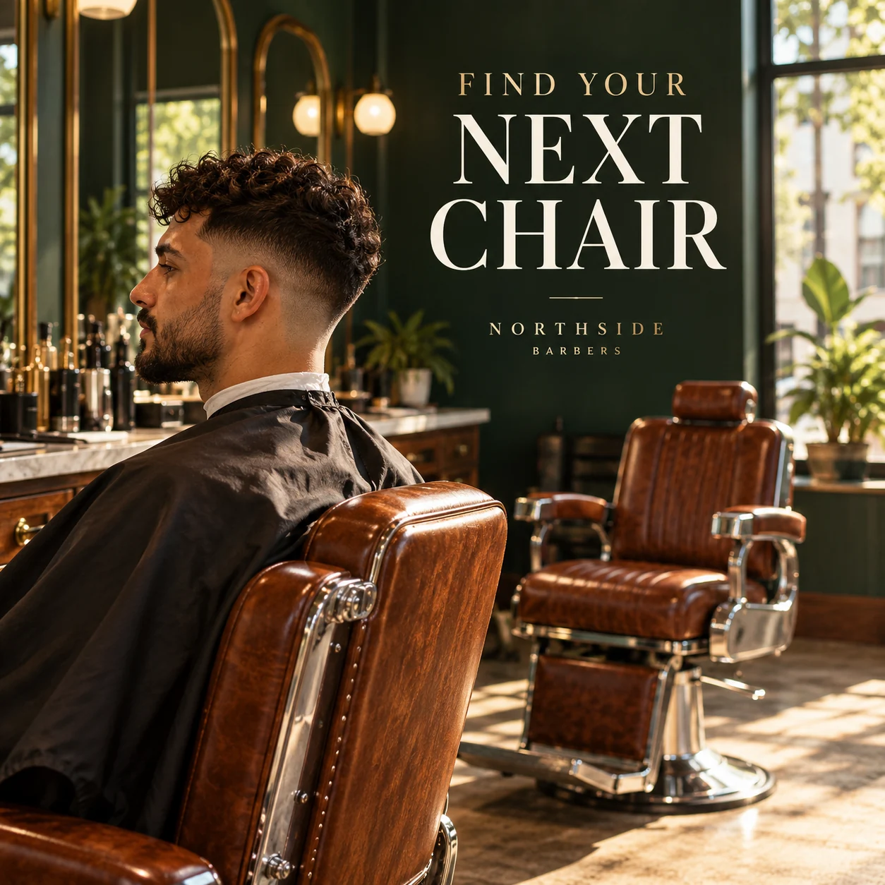 A fictional neighborhood barbershop with an adult client and leather barber chairs