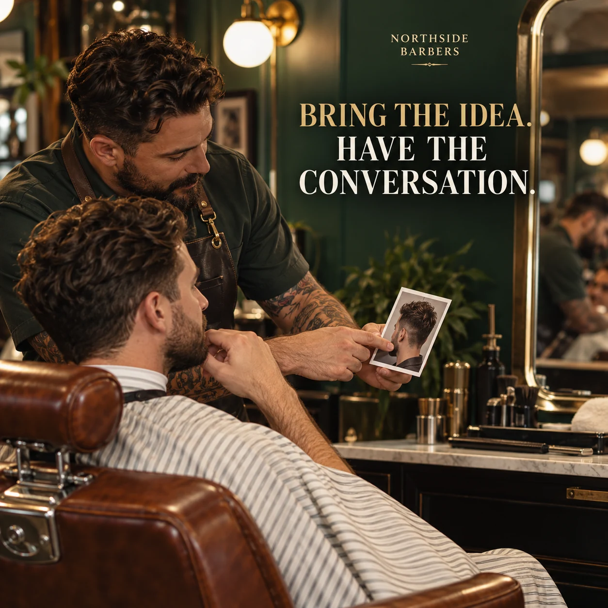 A fictional barber consulting with a client about a haircut reference