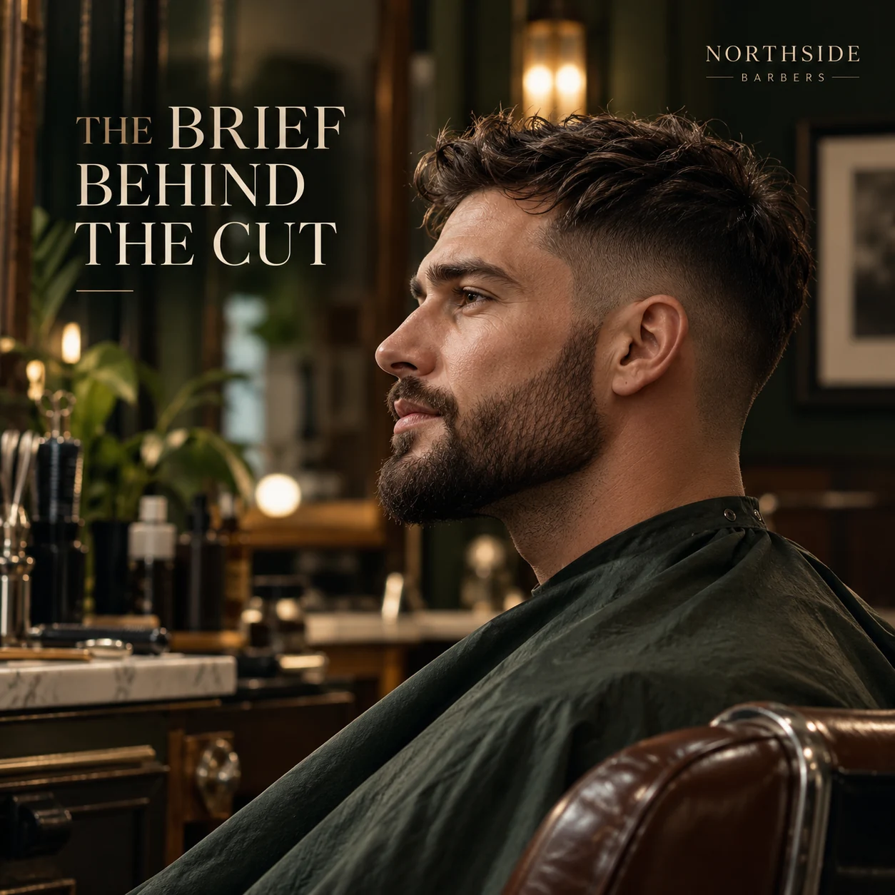 An illustrative finished haircut photographed in a fictional barber shop