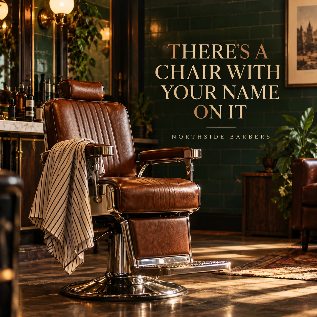 An empty barber chair and prepared cape in a fictional neighborhood shop