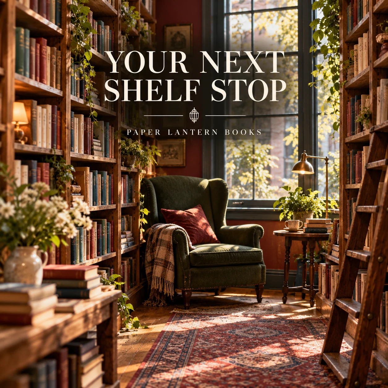 An inviting illustrative independent-bookstore aisle