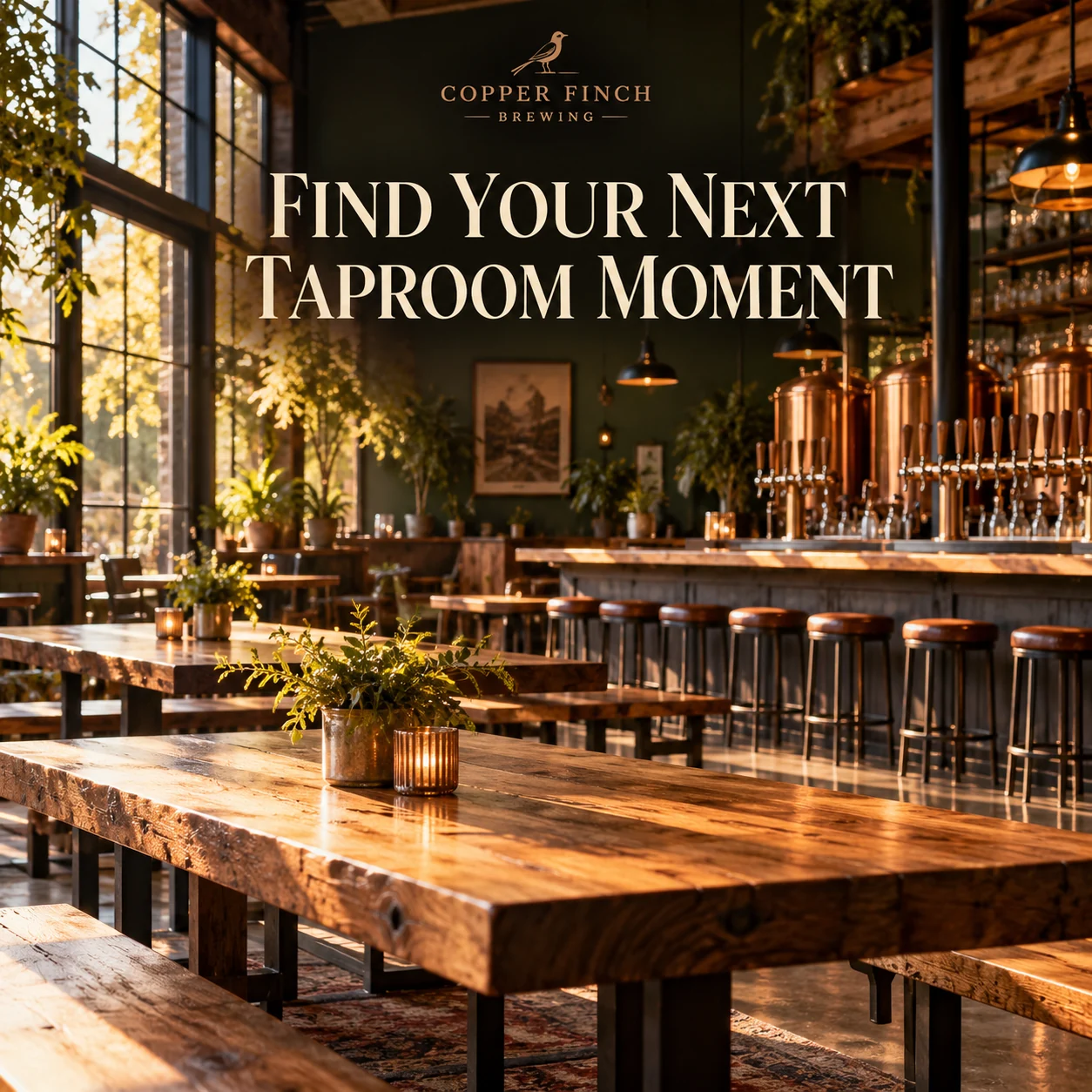 An original independent-brewery taproom concept with copper taps and oak tables