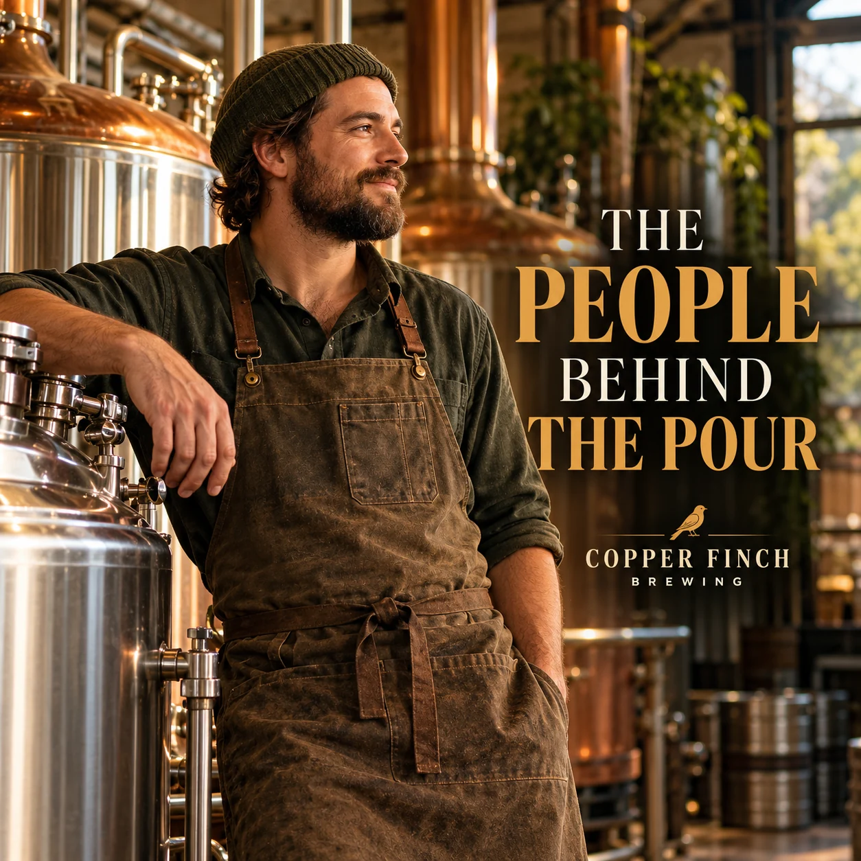 A fictional adult brewer beside stainless-steel brewing vessels