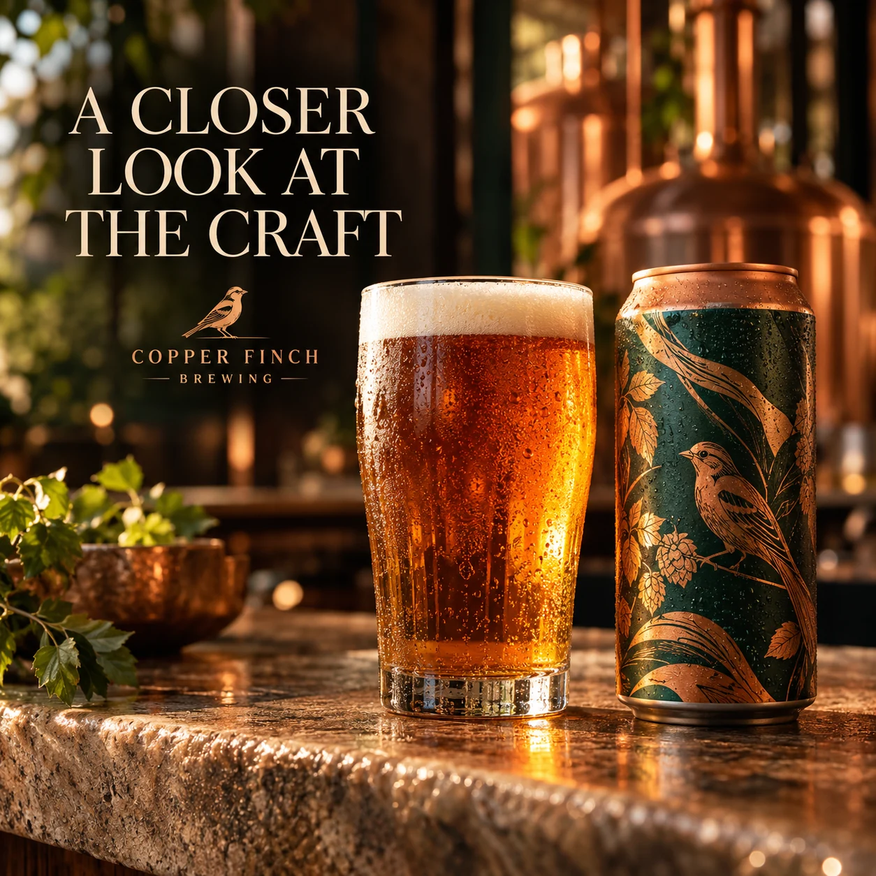 An original craft-beer product concept on a warm stone bar