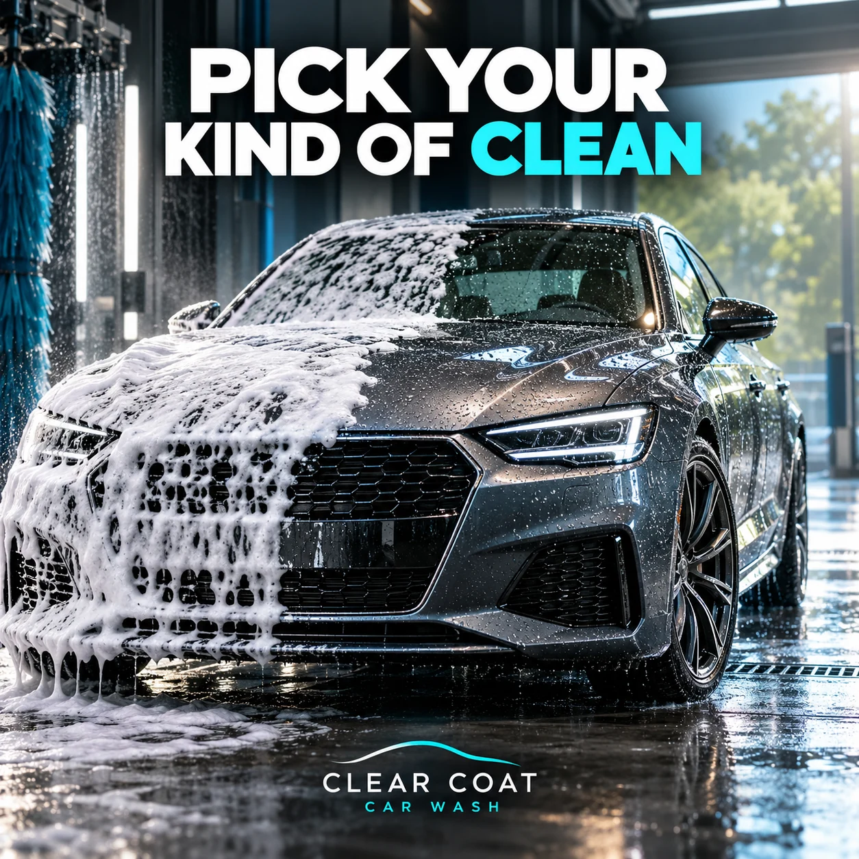 An original car-wash creative with foam and clean water droplets on an unbranded vehicle