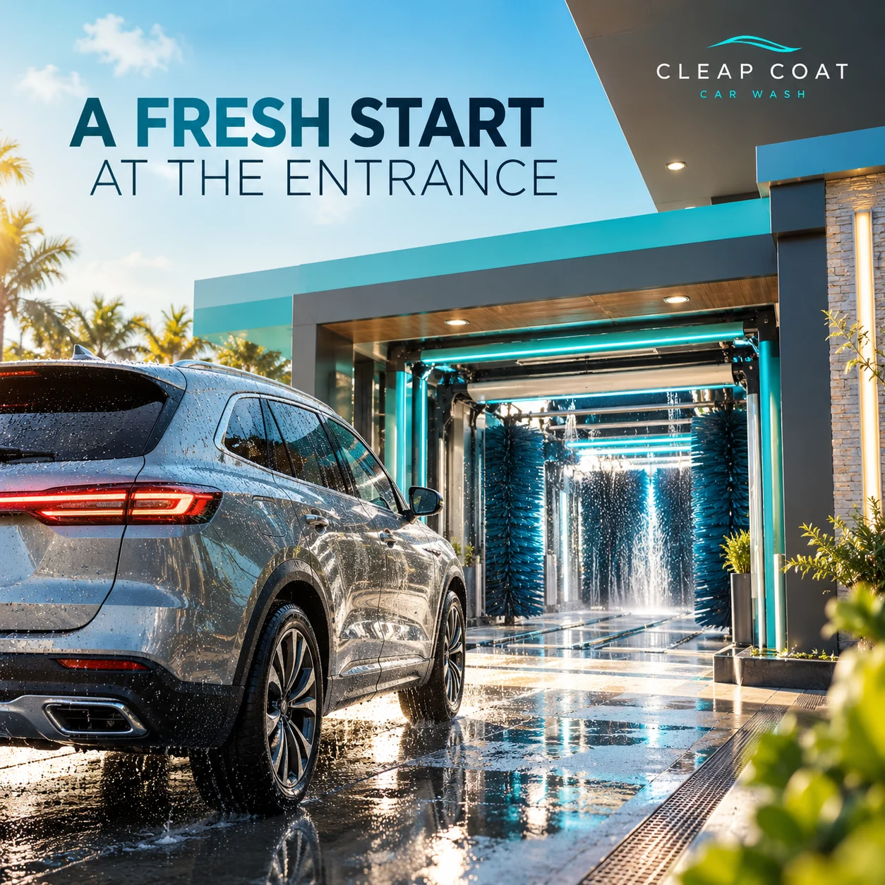 An illustrative car-wash arrival area with an unbranded vehicle