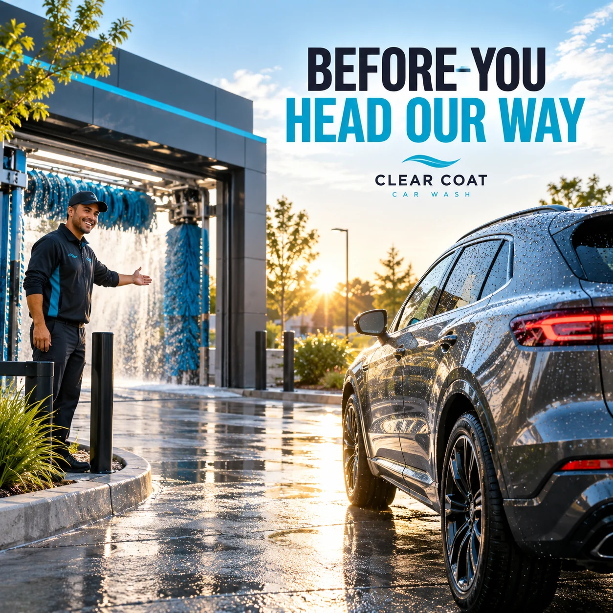 An illustrative car-wash forecourt and adult team member at morning light