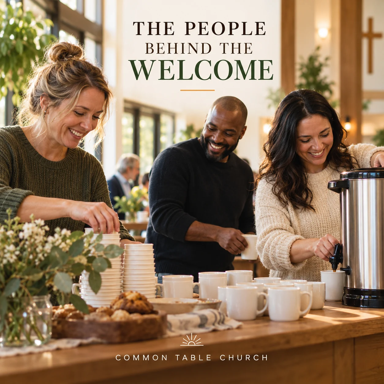 Fictional adult volunteers preparing a church community gathering