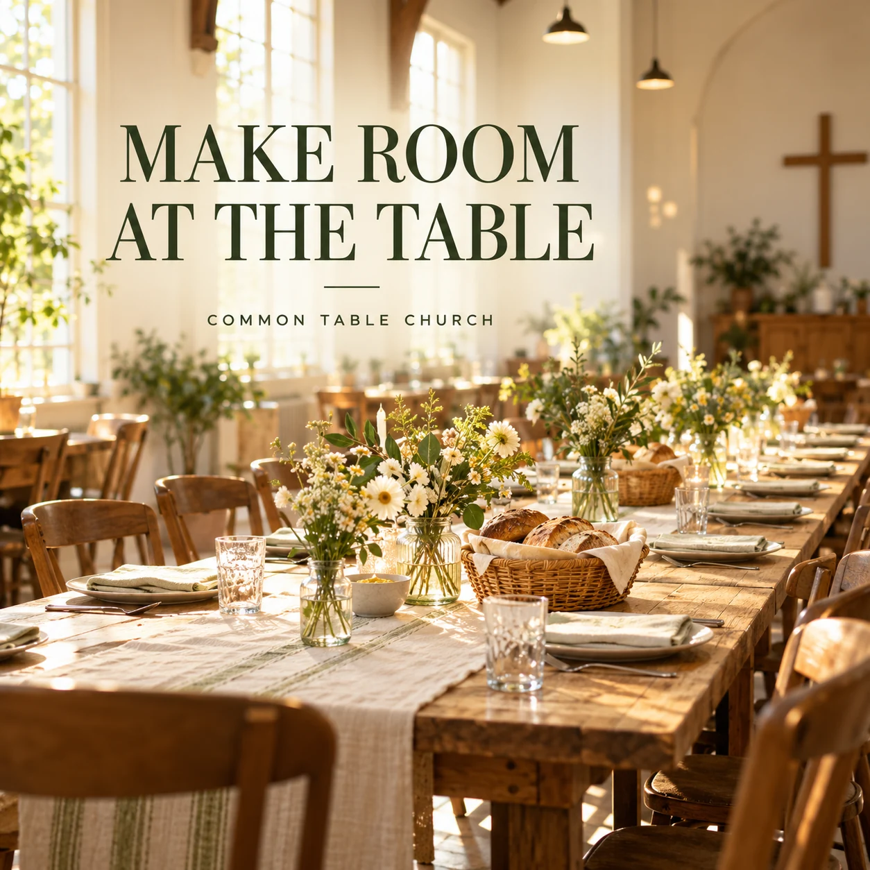 An illustrative church hall prepared for a community gathering