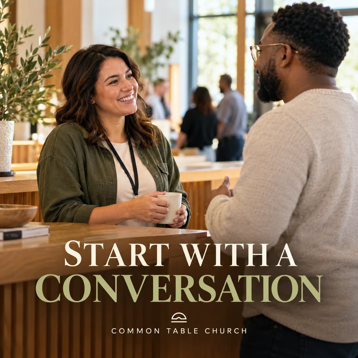 A fictional welcome-team conversation in a church foyer