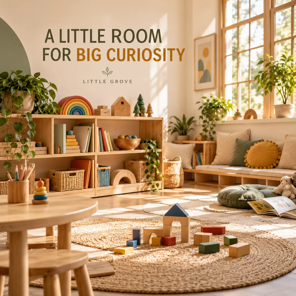 An illustrative empty early-learning room with wooden toys and reading cushions