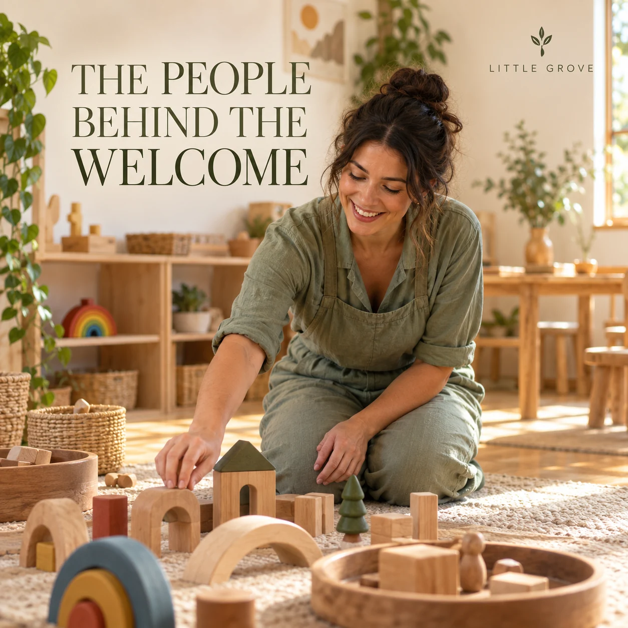 A fictional early-learning educator beside a prepared play area