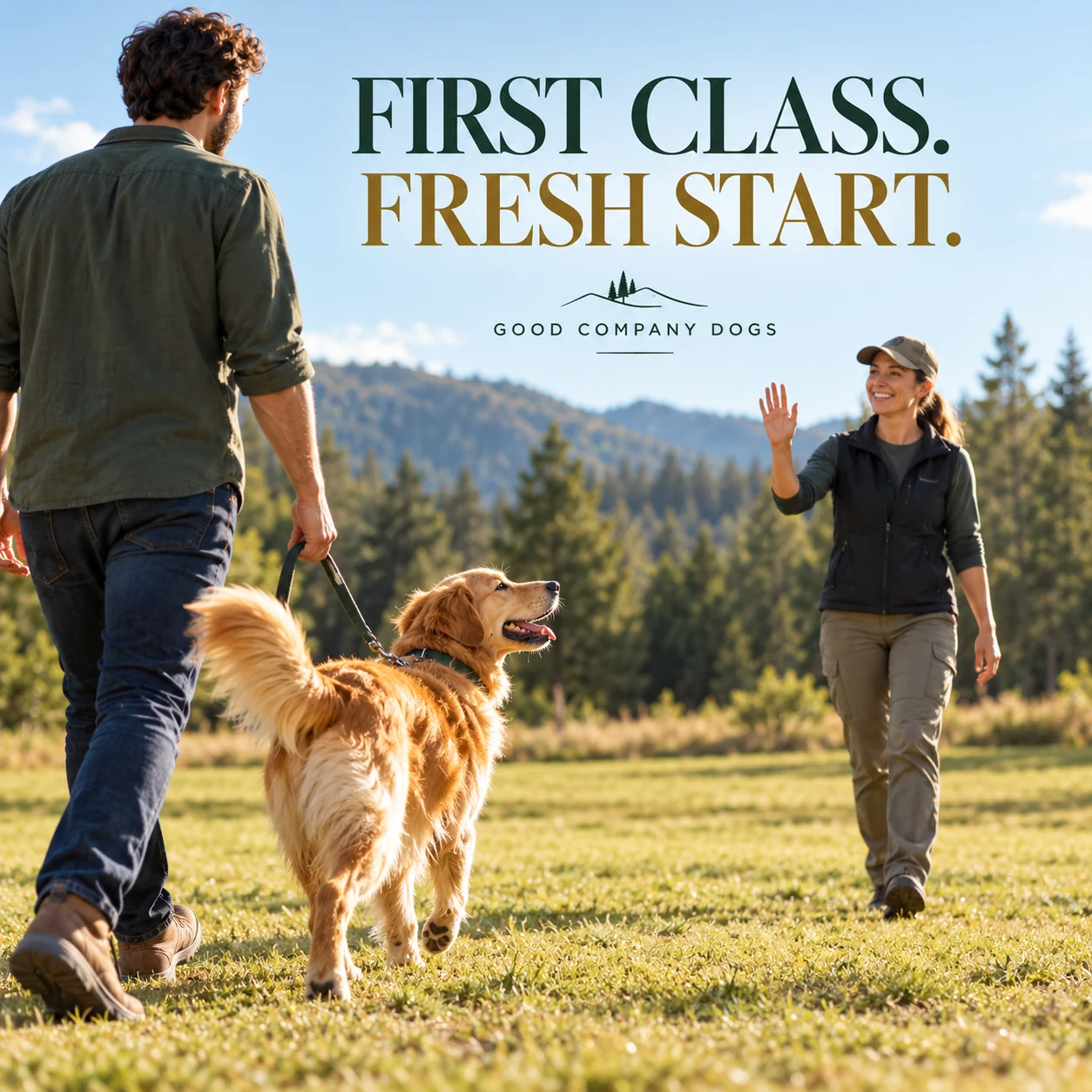 An adult owner and golden retriever arriving for a fictional dog class