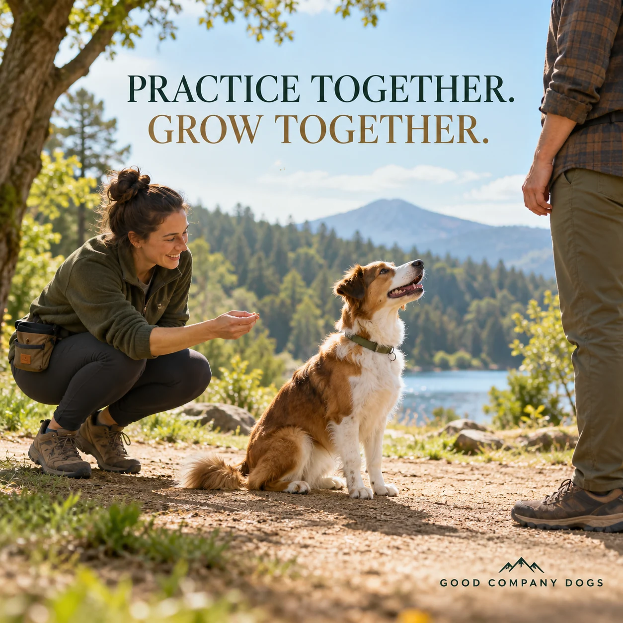 A fictional trainer guiding an owner through a calm reward-based practice moment