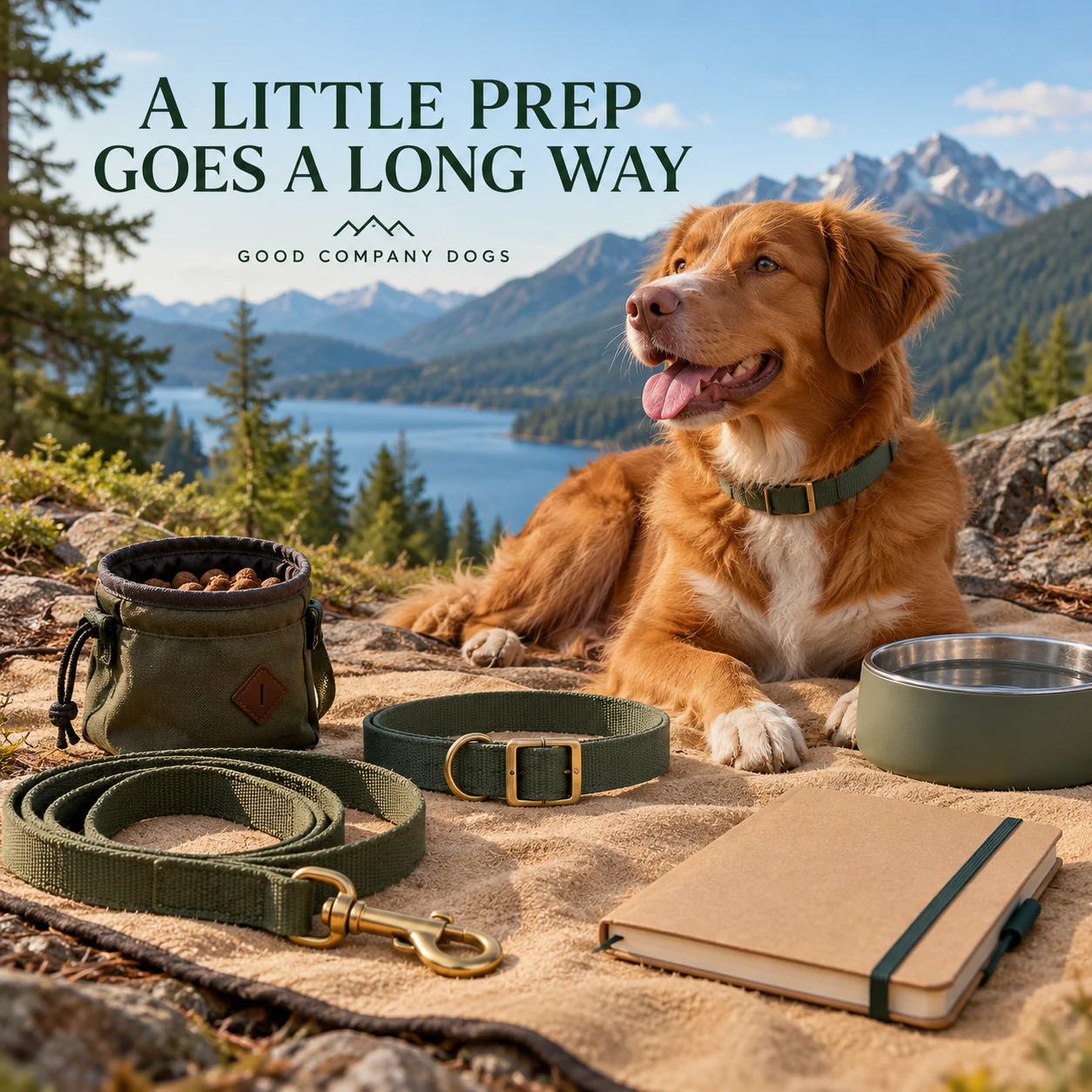 An organized dog-class kit with lead, collar, treats and water bowl
