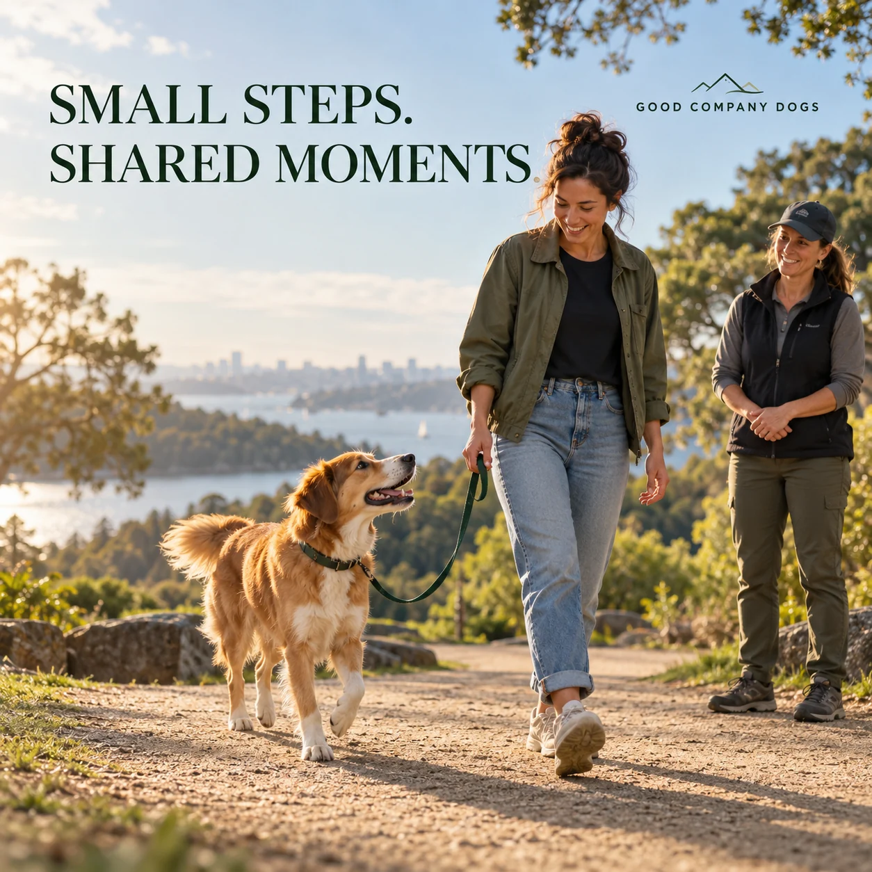 A fictional outdoor dog-training practice with handler and instructor