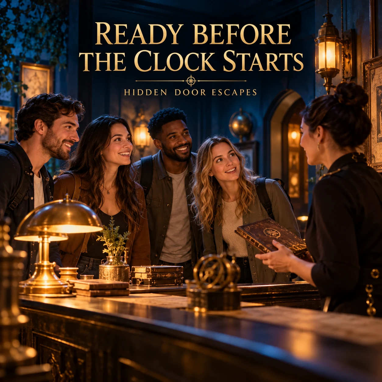 A fictional adult group arriving at an escape-room venue