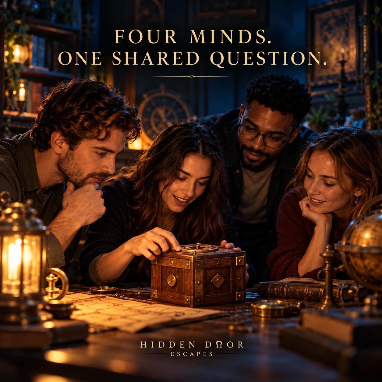 Fictional adult friends collaborating around an invented puzzle prop