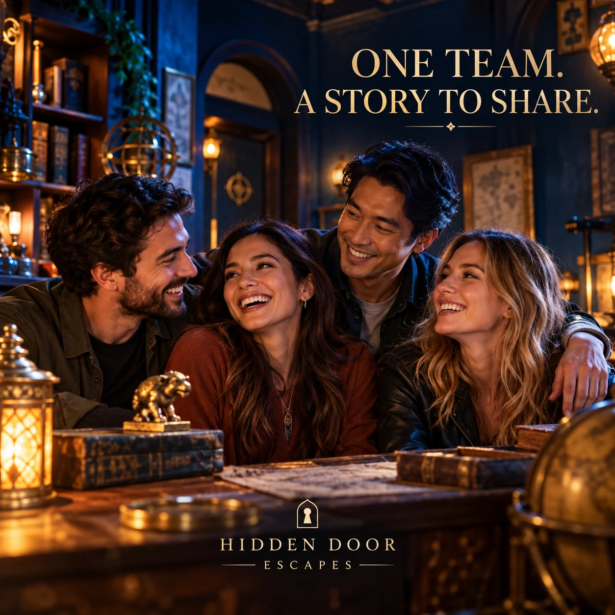 A fictional adult team portrait in an escape-room lobby