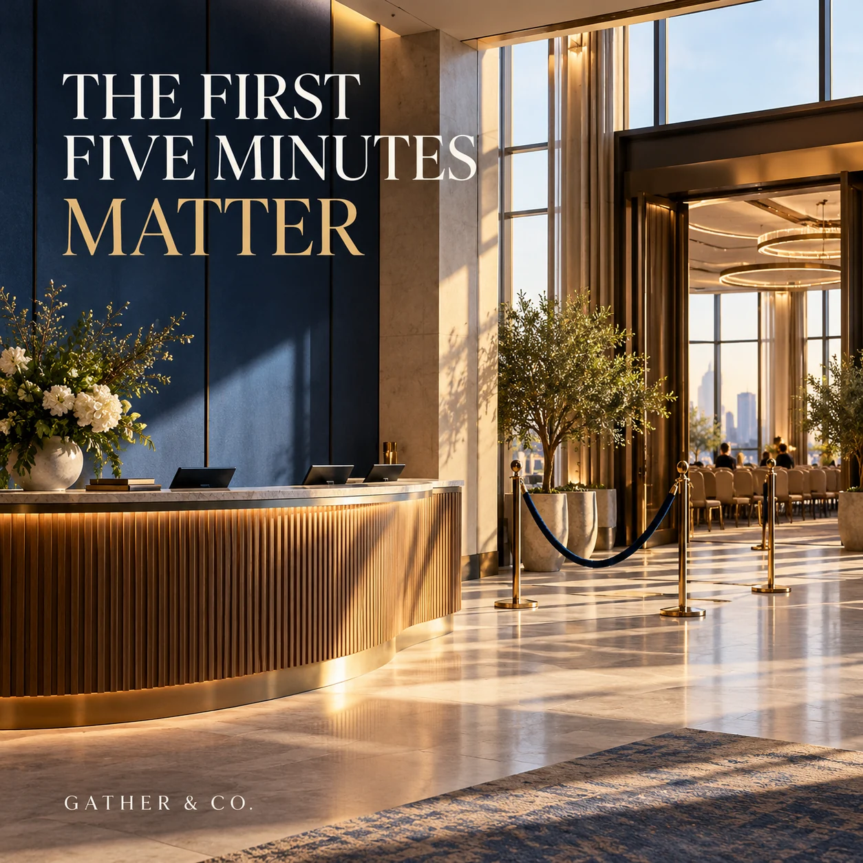 An illustrative conference arrival area with welcome counter and clear guest flow
