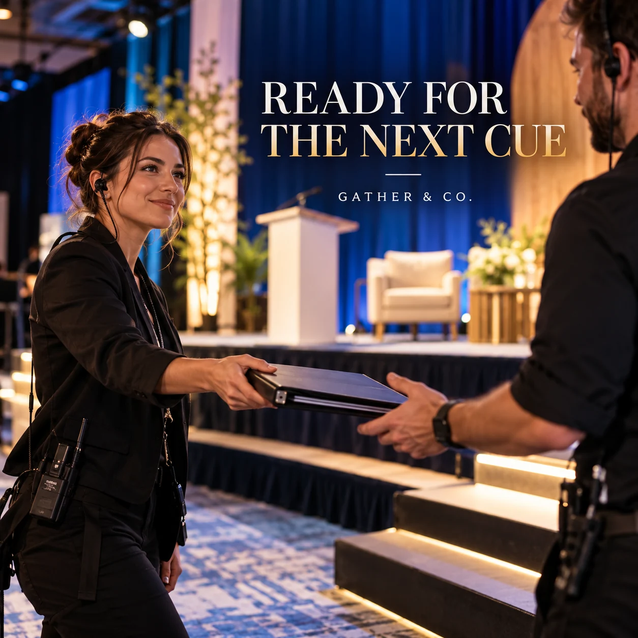 Fictional event coordinators making a backstage handoff