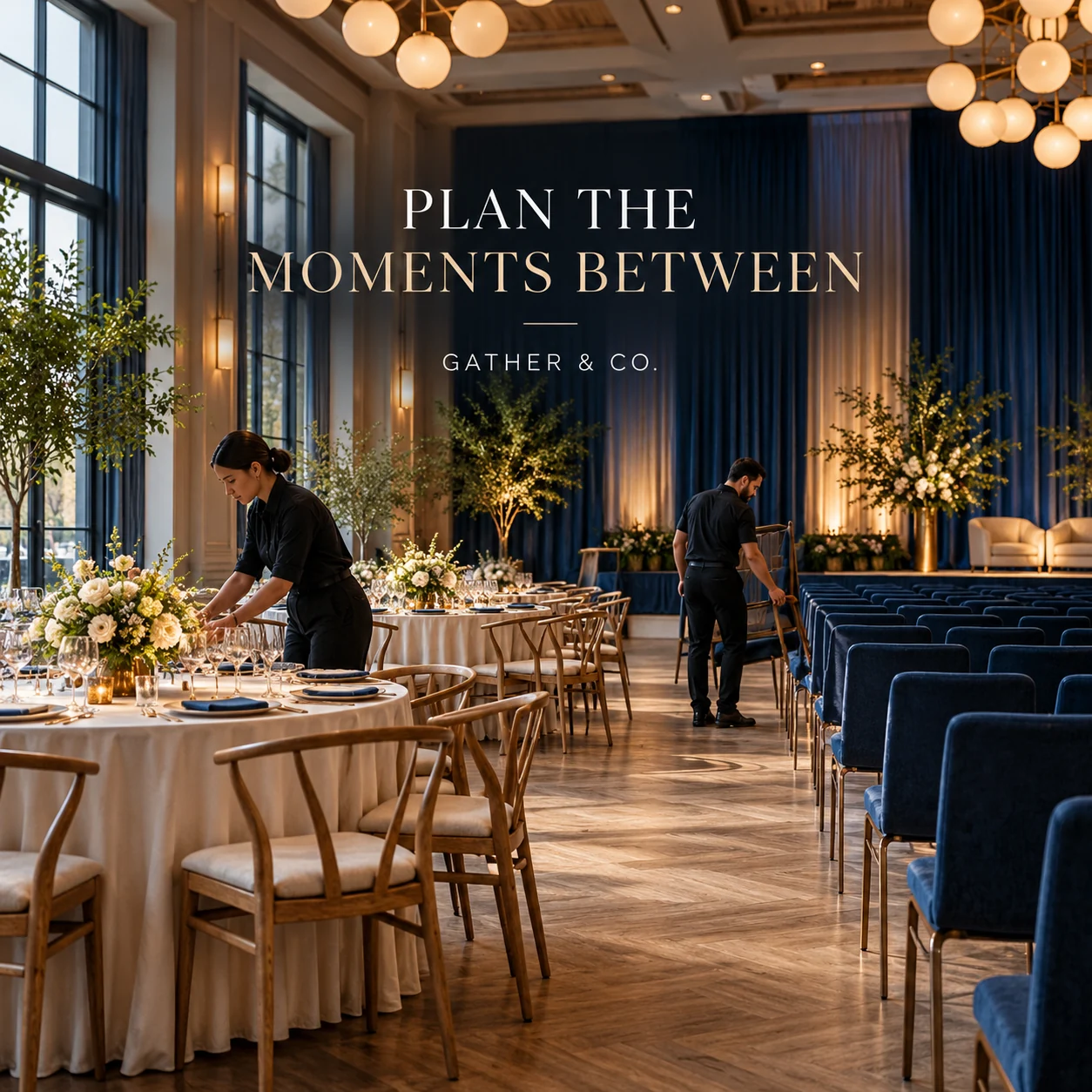 An illustrative event-room reset between seating formats