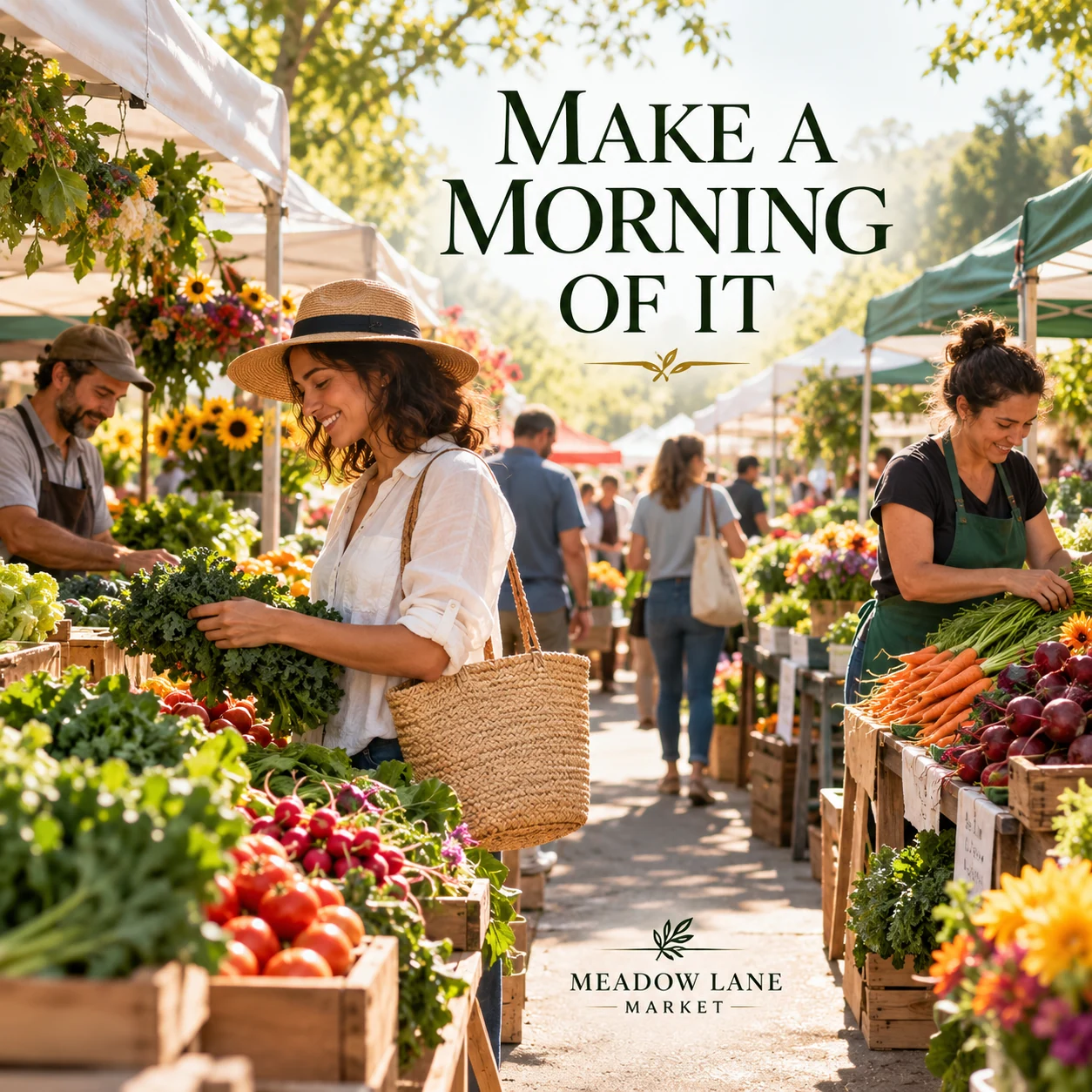 An illustrative neighborhood farmers market with colorful produce stalls