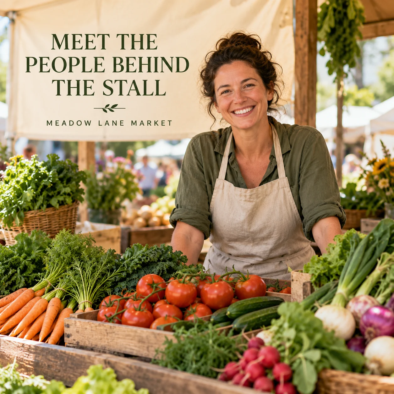 A fictional adult produce vendor at a market stall