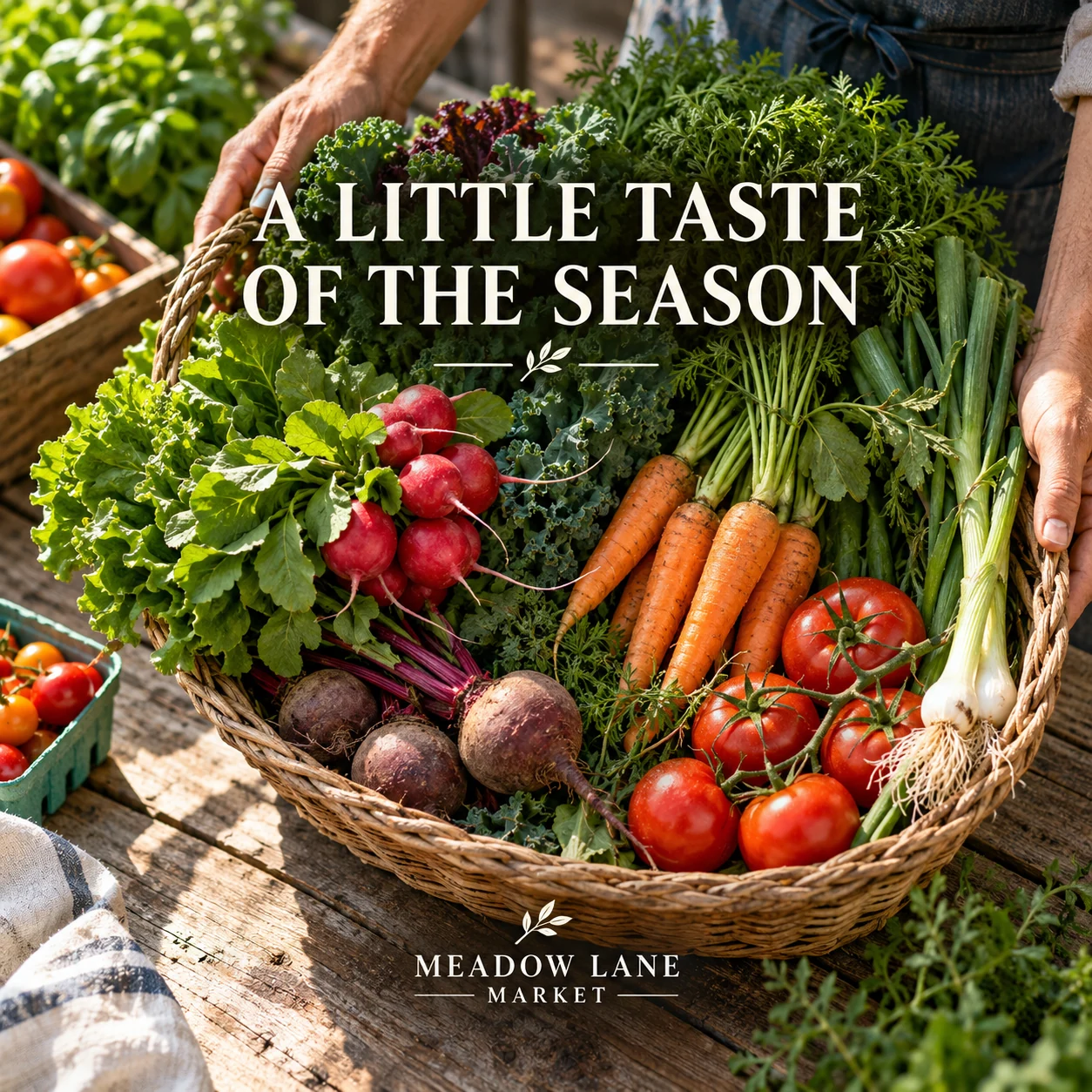 An original seasonal-produce still life at a fictional farmers market
