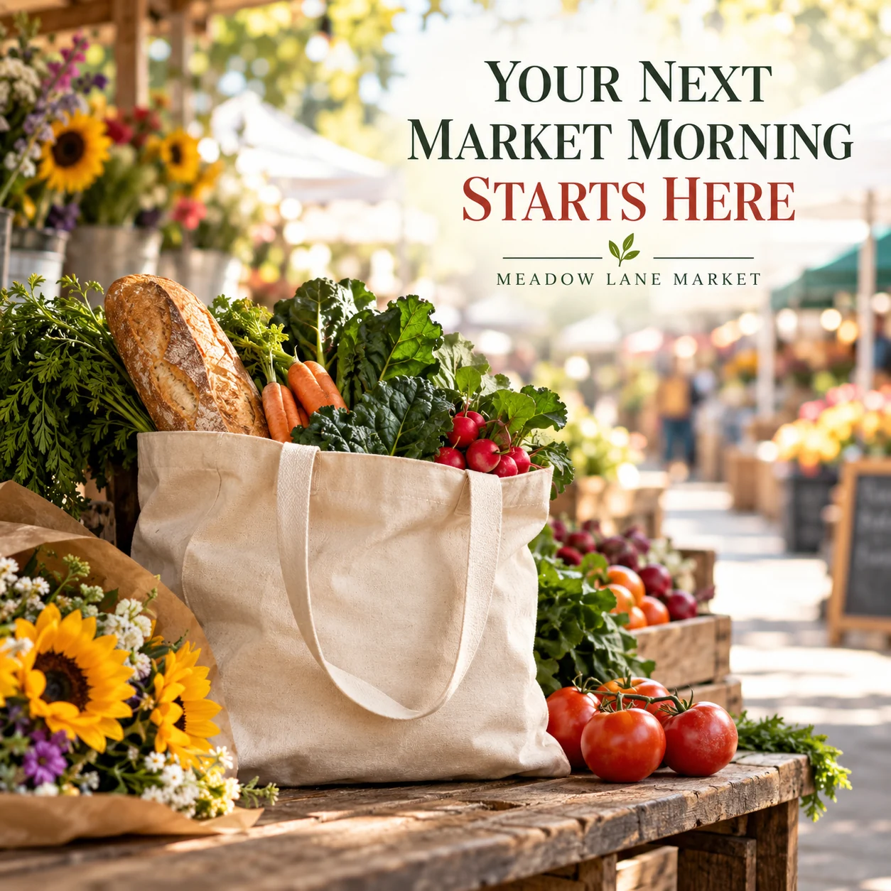 An illustrative market visit scene with canvas tote, vegetables and flowers