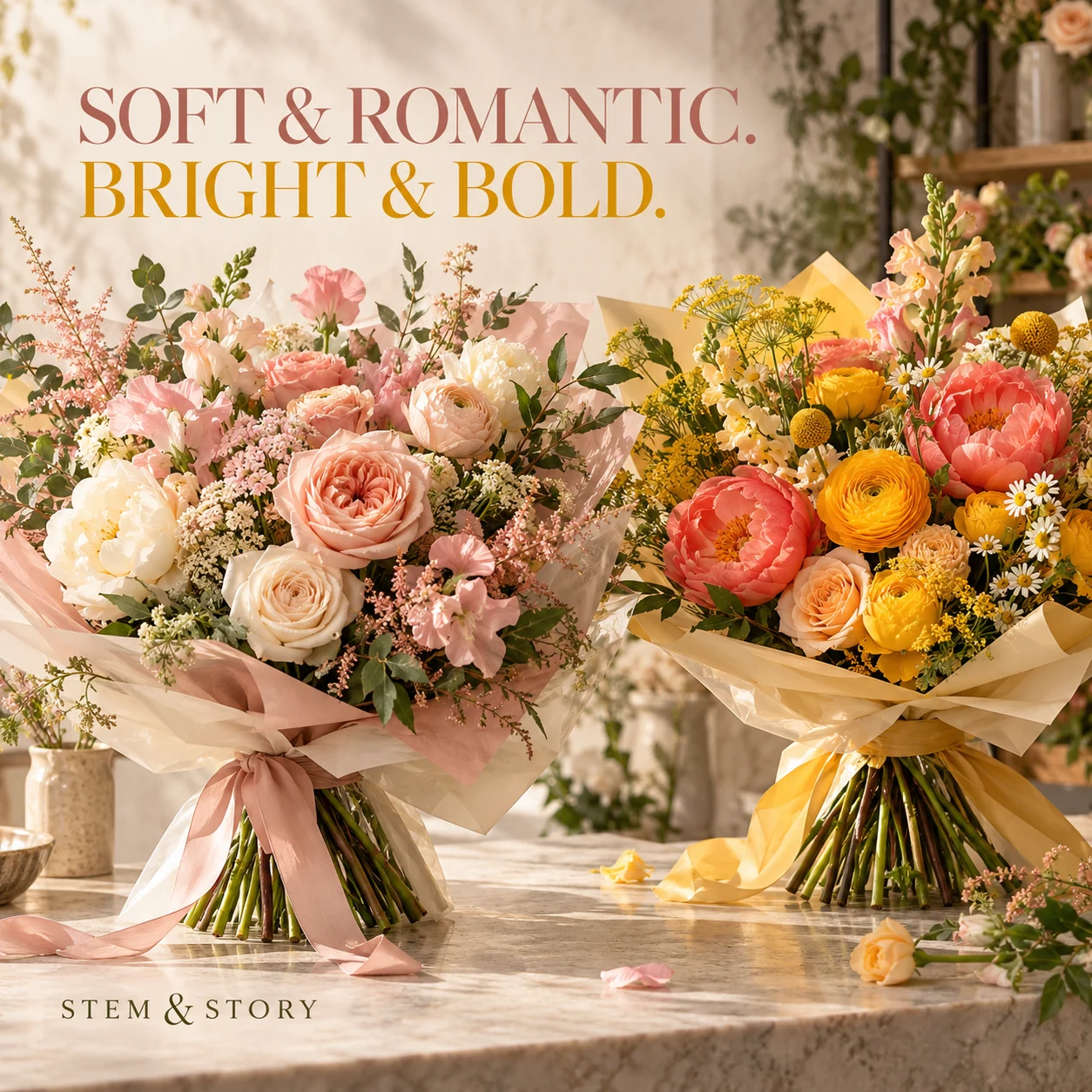 Two original bouquet concepts in soft blush and vibrant coral palettes