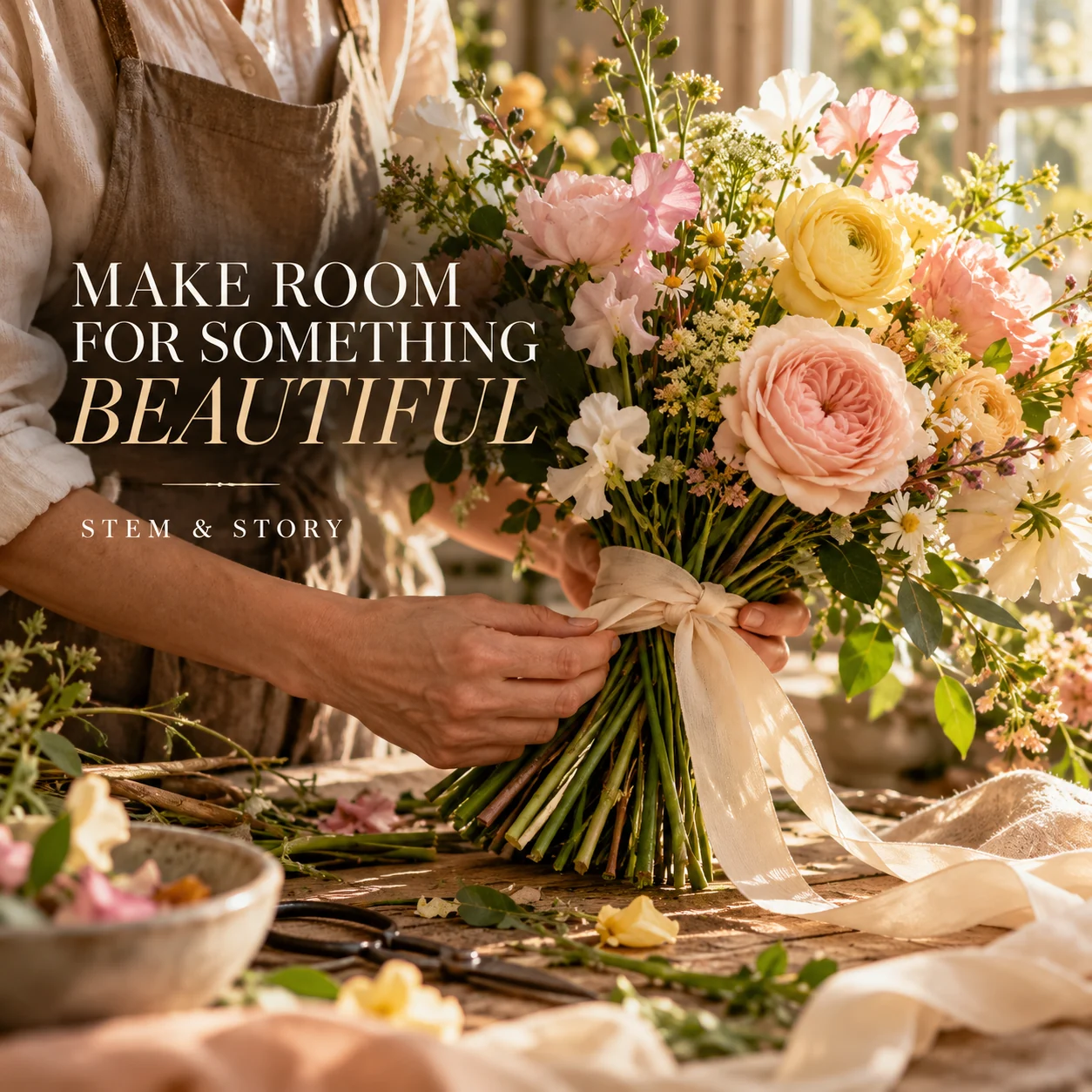 A fictional florist finishing a bouquet with a cream ribbon