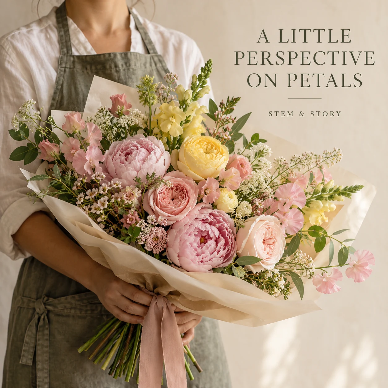 An adult florist holding an illustrative bouquet to show its scale
