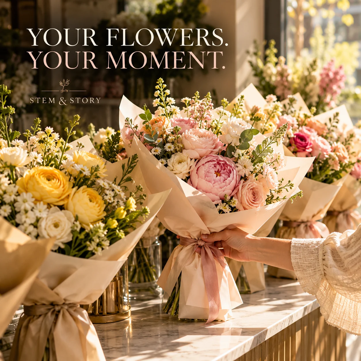 Finished bouquet concepts arranged at a fictional flower-shop collection counter