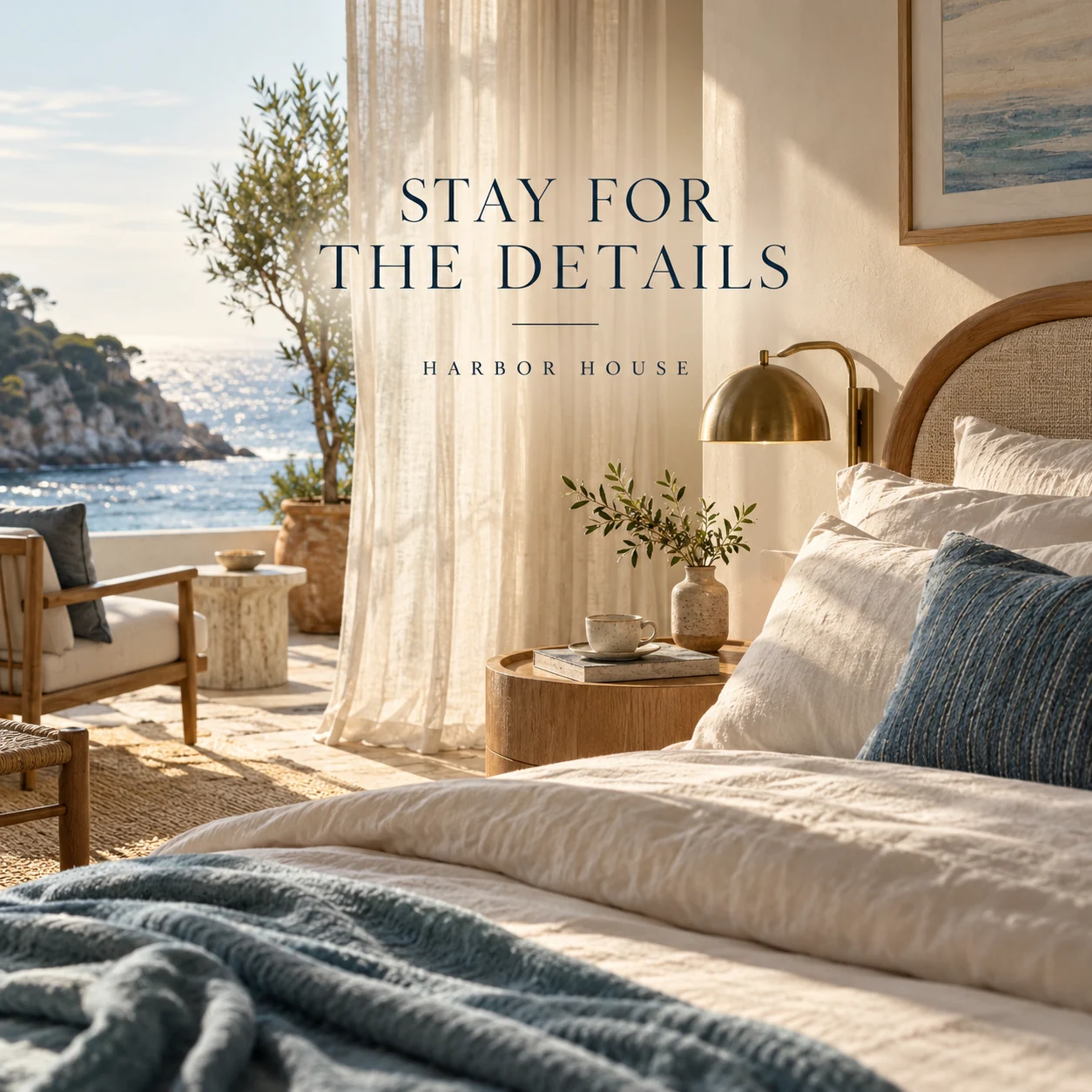 A fictional coastal boutique-hotel room with linen bed, oak furniture and morning light