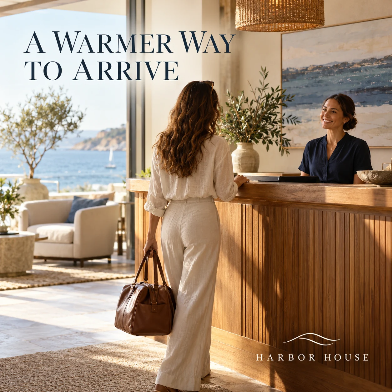 A fictional boutique-hotel host welcoming an arriving adult guest