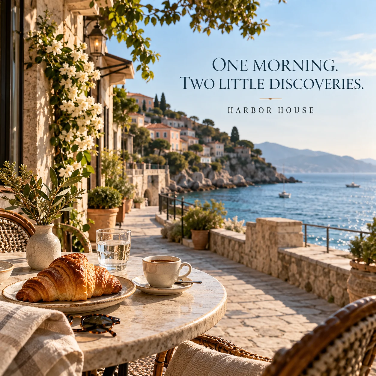 An illustrative coastal morning with a cafe terrace and nearby walking path