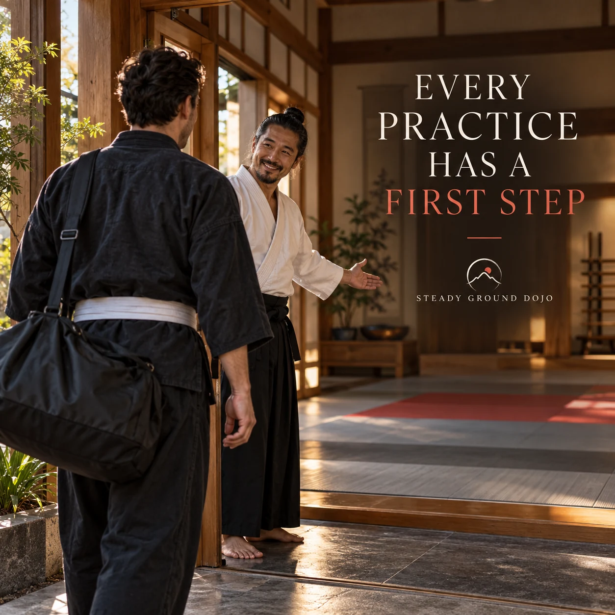 A fictional adult beginner arriving at a martial-arts school